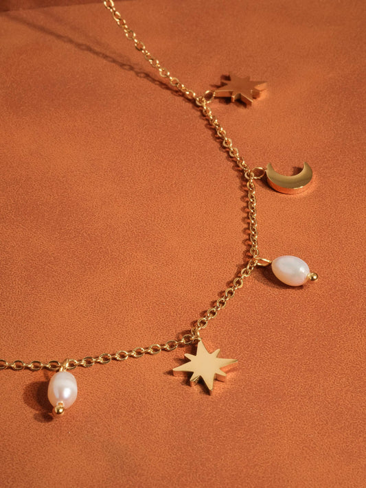 18K Gold Non-Tarnish Pearl Moon and Star Necklace