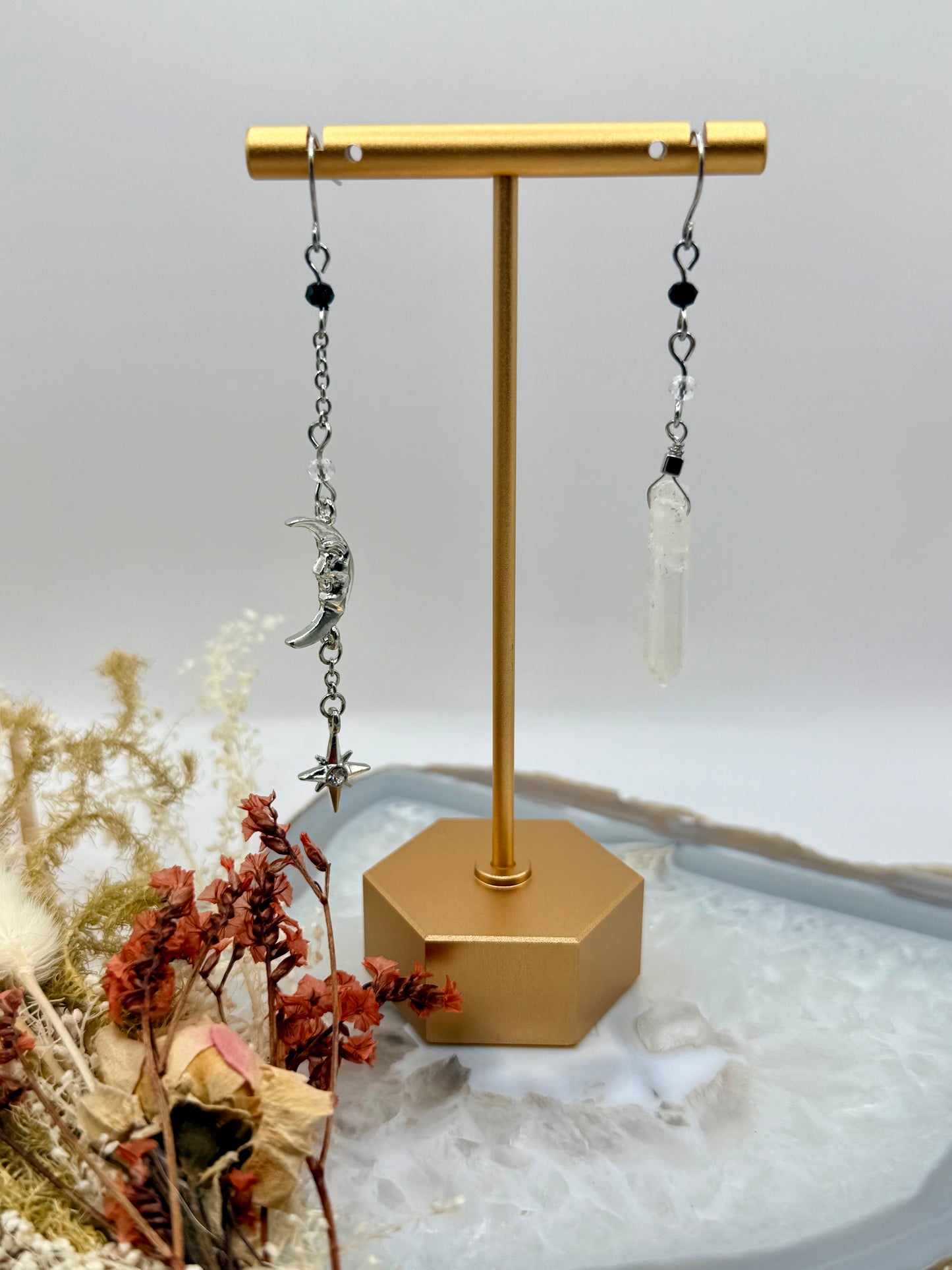 Dangling Quartz + Moon + Star w/ Stainless Steel Posts