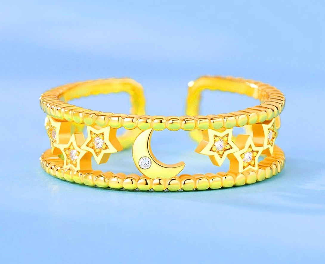 18k Gold Plated Sterling Silver Moon + Star Ring