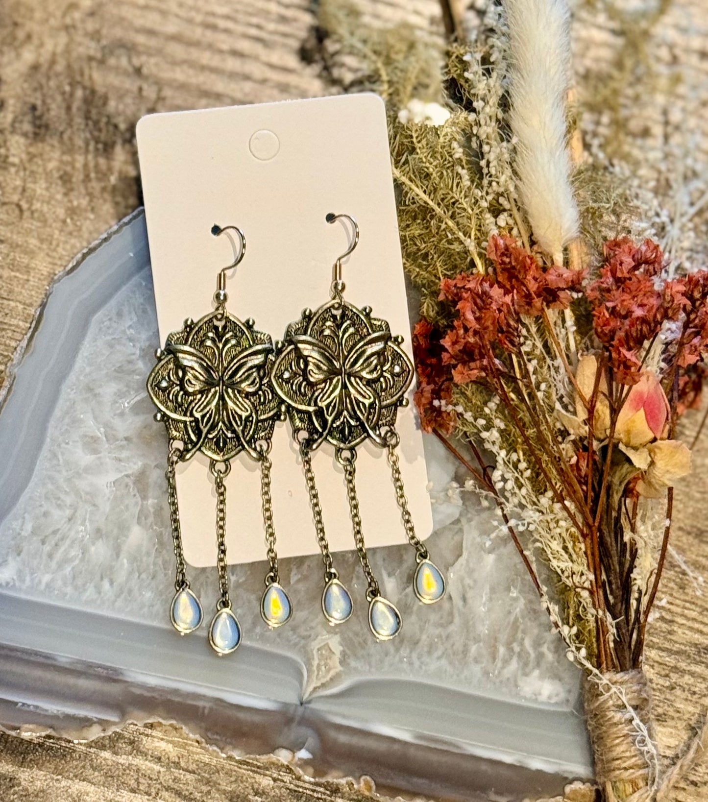 Gold Butterfly + Dangling Opalite w/ Stainless Steel Posts