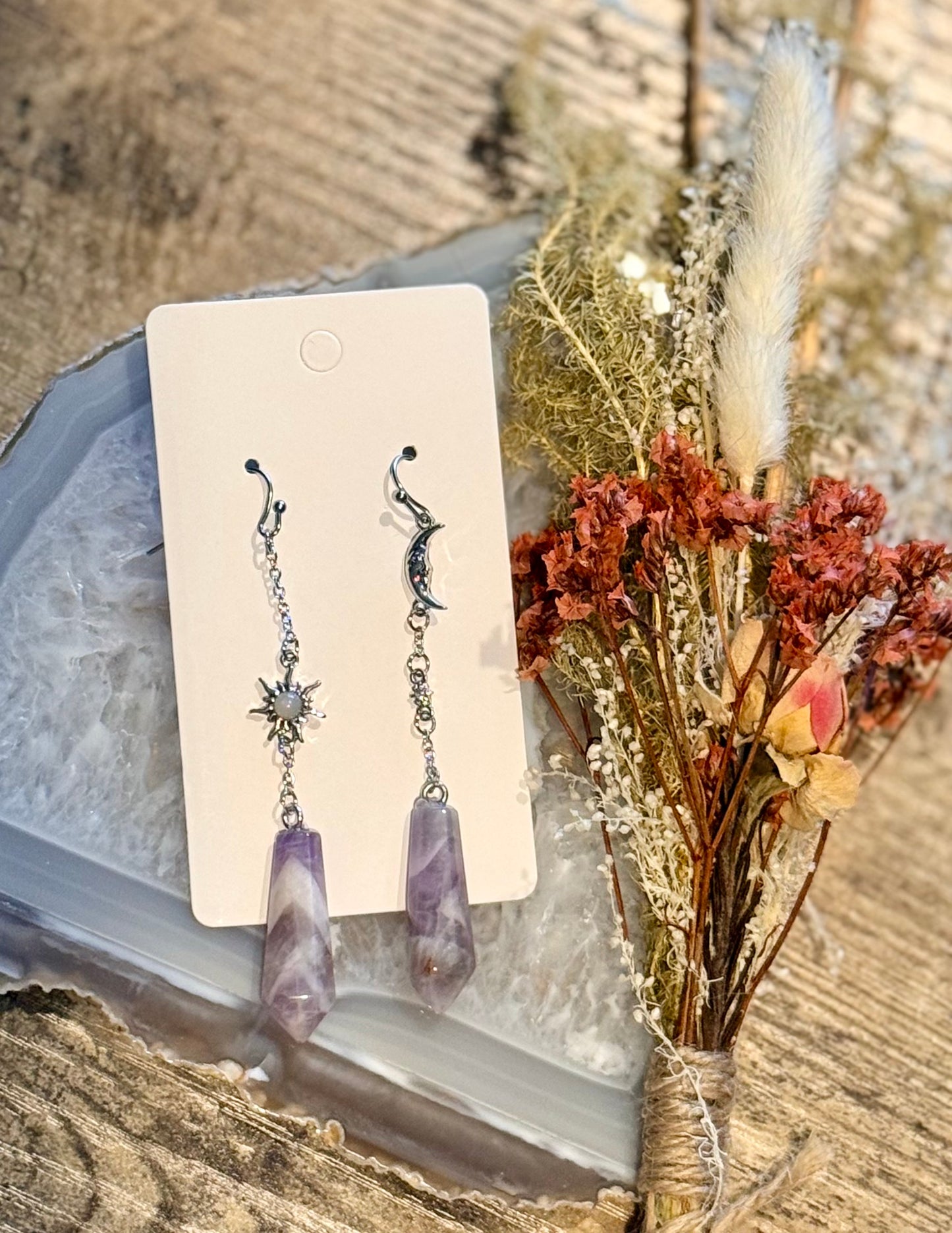 Dangling Amethyst + Moon + Sun Earrings w/ Stainless Steel Posts
