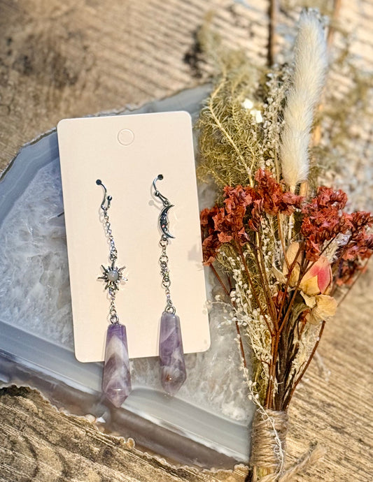 Dangling Amethyst + Moon + Sun Earrings w/ Stainless Steel Posts