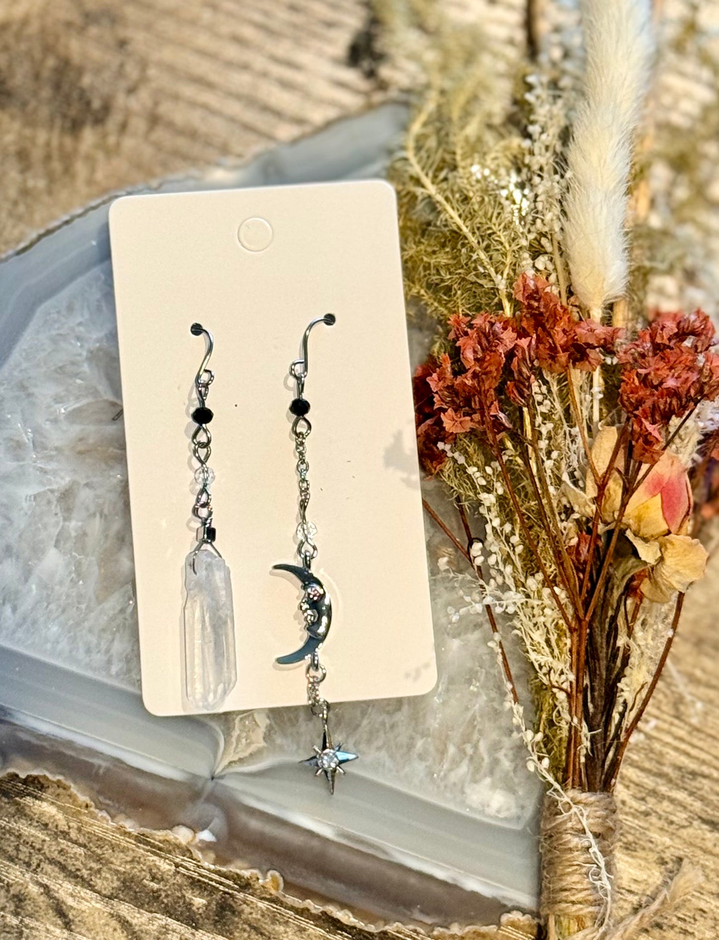 Dangling Quartz + Moon + Star w/ Stainless Steel Posts