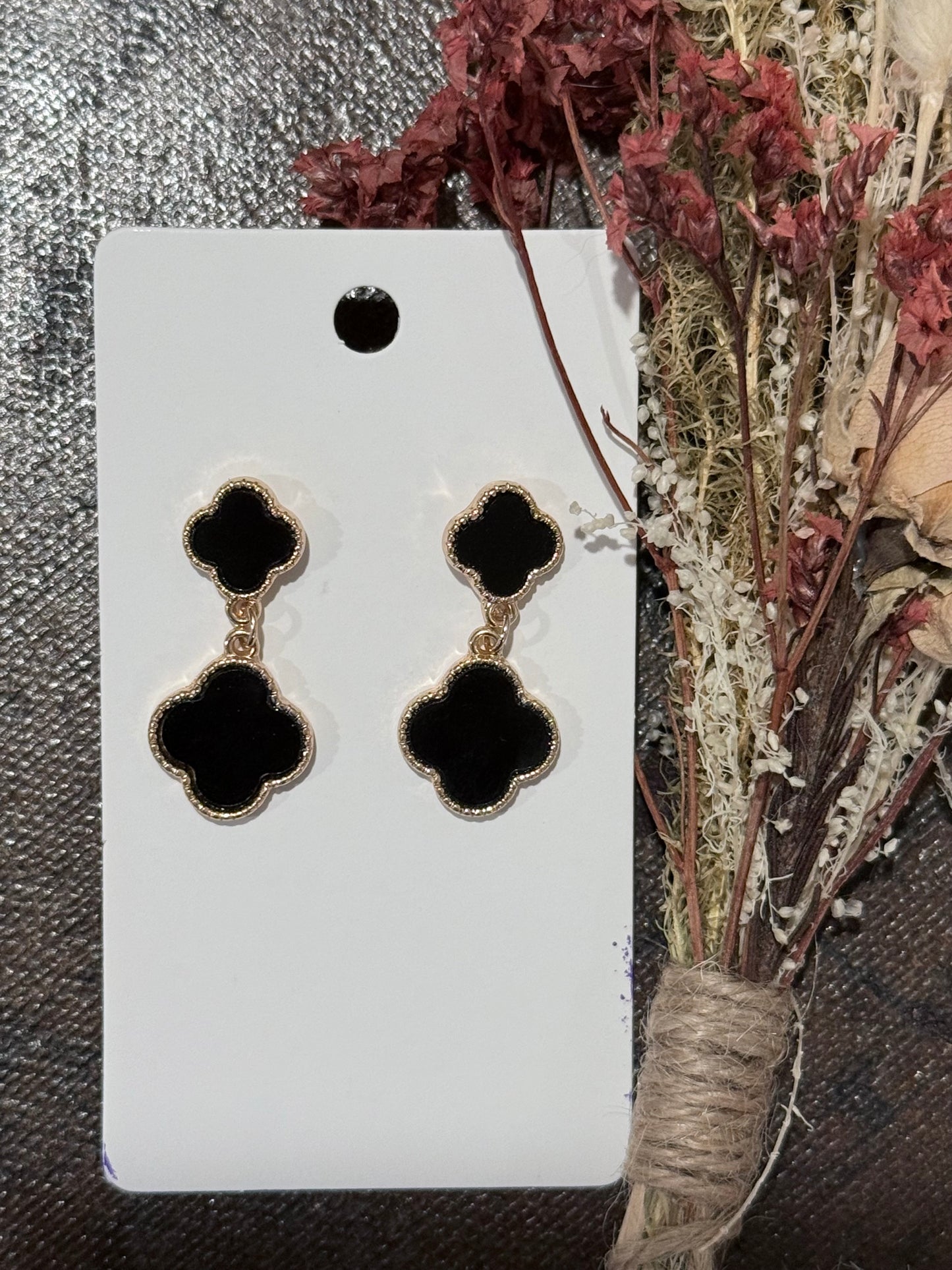Black Four-Leaf-Clover Dangling Earrings