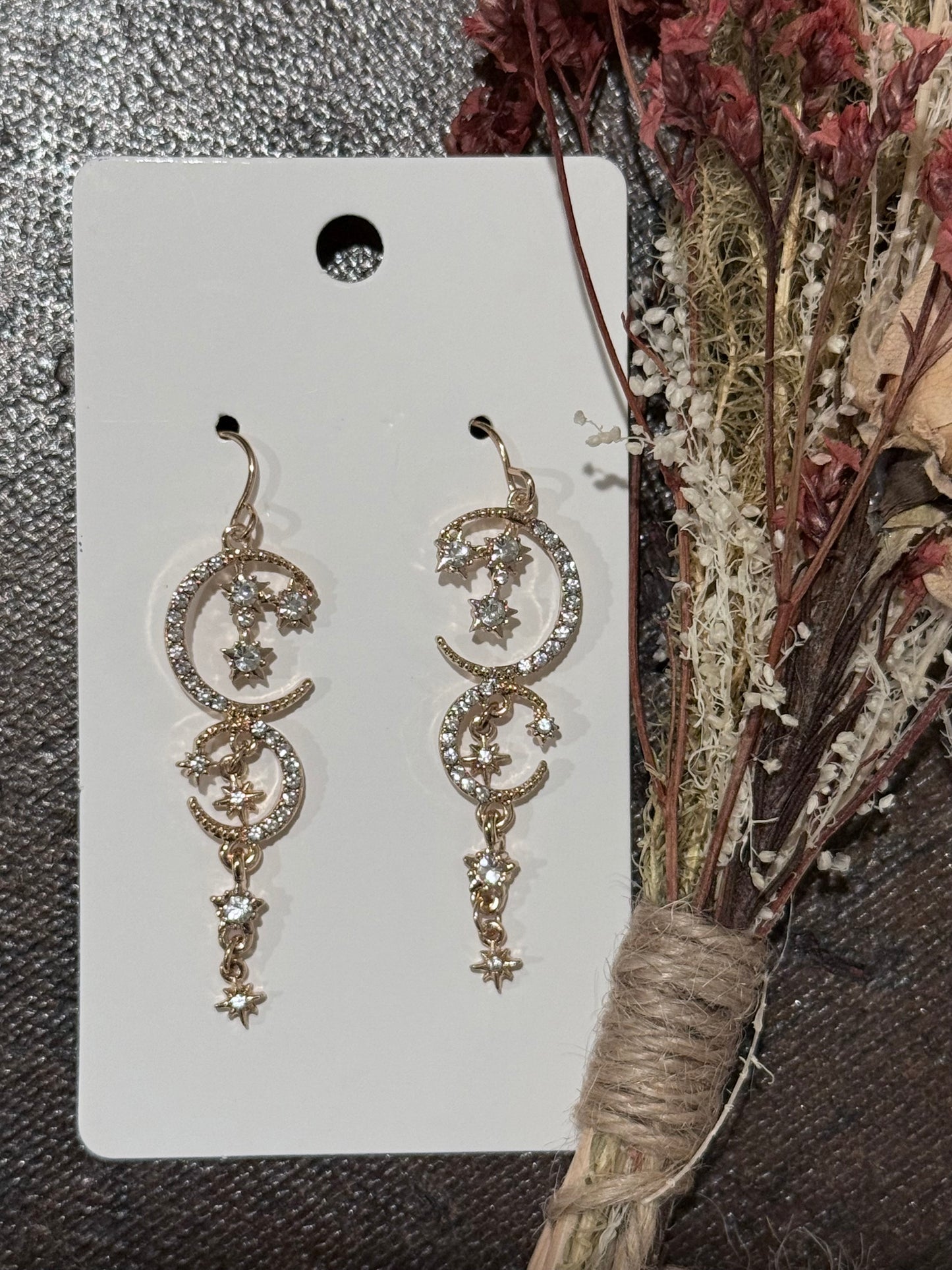 Gold Moons + Stars Dangling Earrings