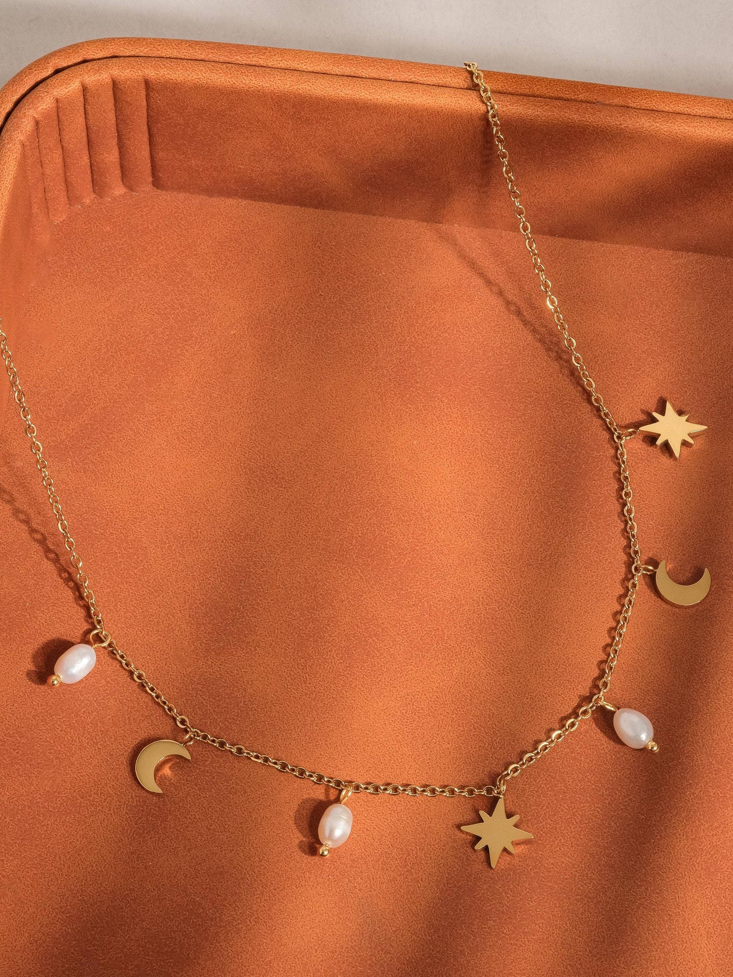 18K Gold Non-Tarnish Pearl Moon and Star Necklace