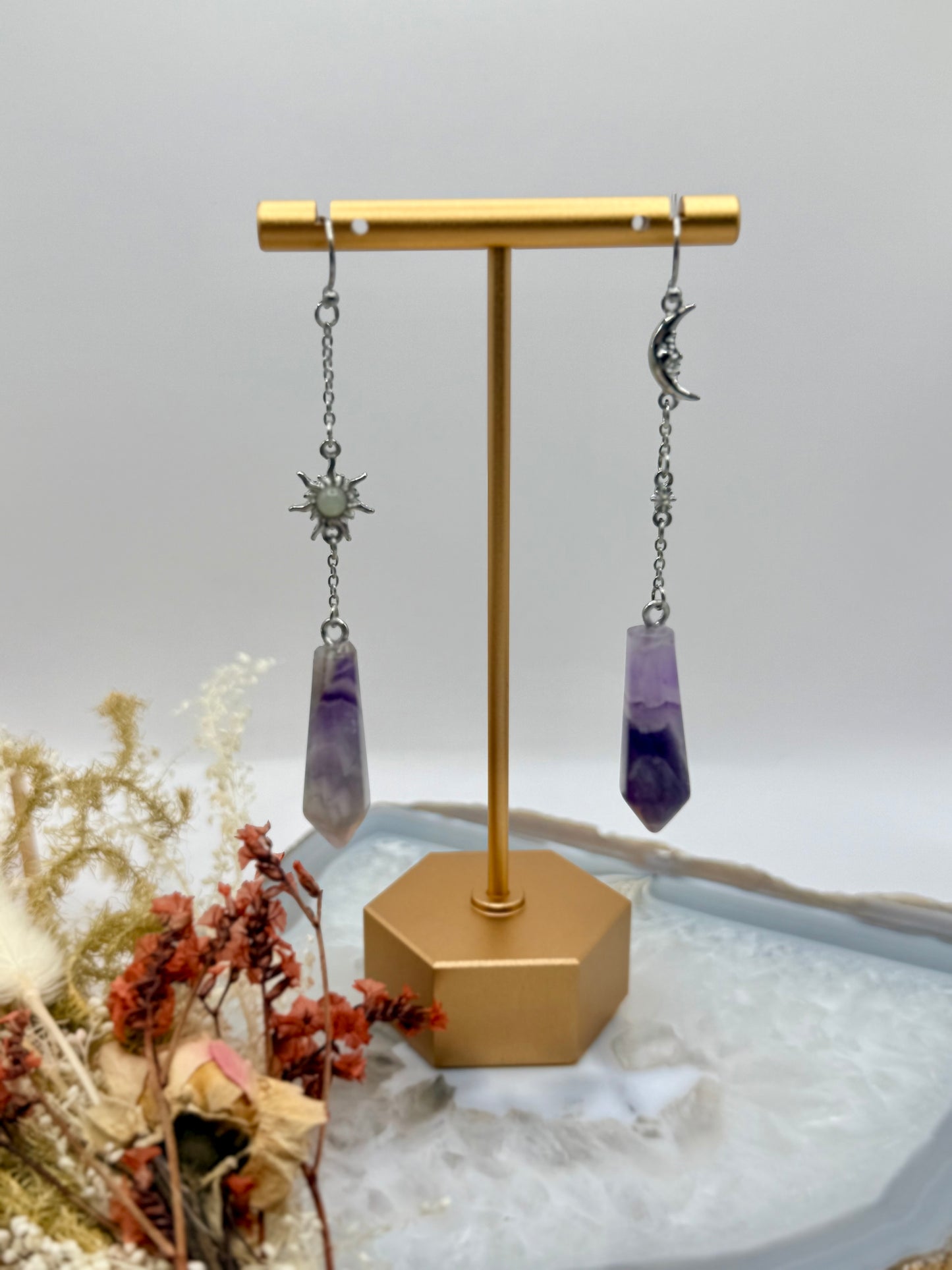 Dangling Amethyst + Moon + Sun Earrings w/ Stainless Steel Posts