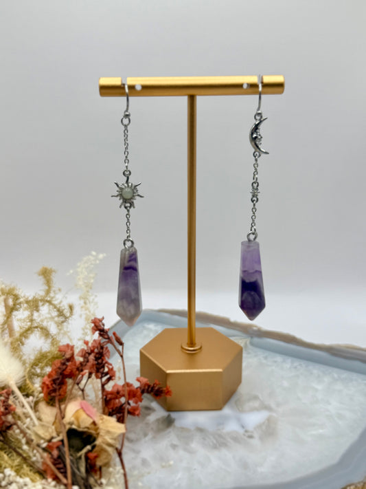 Dangling Amethyst + Moon + Sun Earrings w/ Stainless Steel Posts
