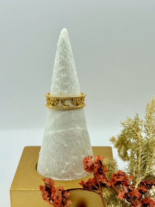 18k Gold Plated Sterling Silver Moon + Star Ring