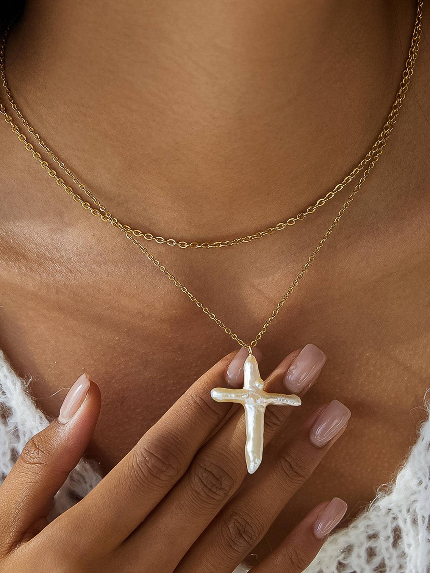 18K Gold Non-Tarnish Freshwater Pearl Cross Necklace