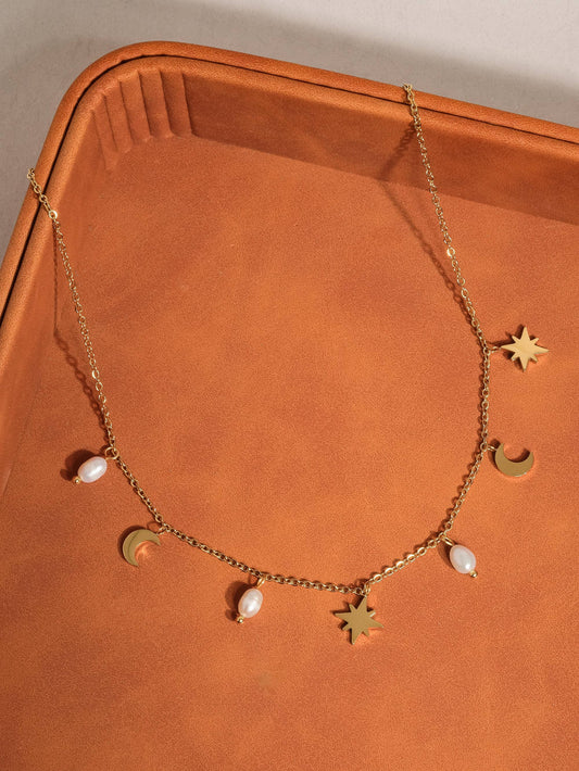 18K Gold Non-Tarnish Pearl Moon and Star Necklace