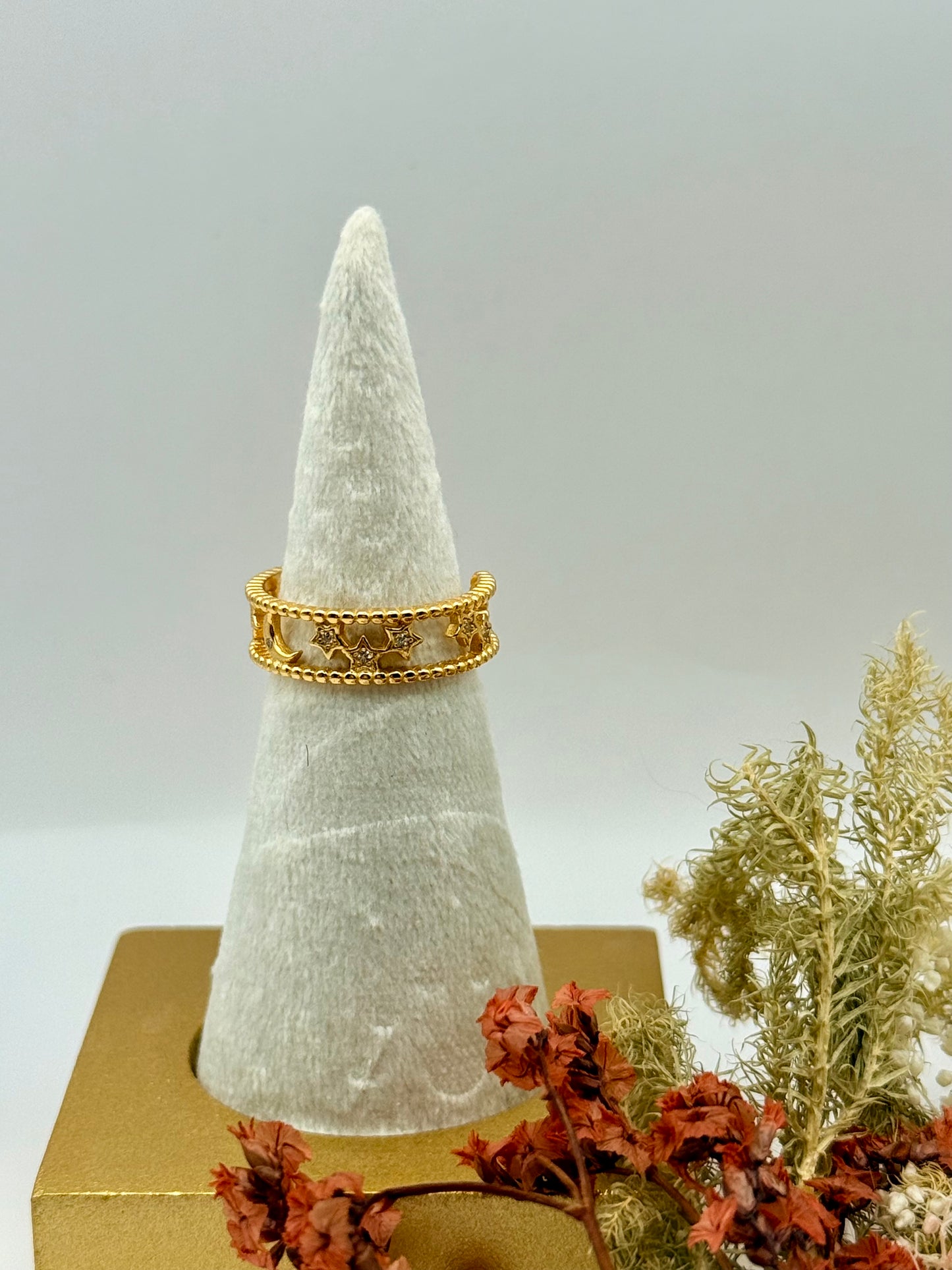 18k Gold Plated Sterling Silver Moon + Star Ring