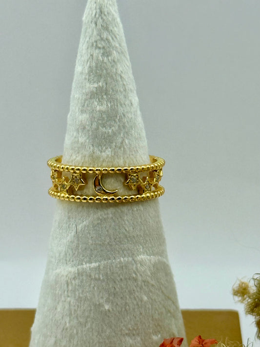 18k Gold Plated Sterling Silver Moon + Star Ring
