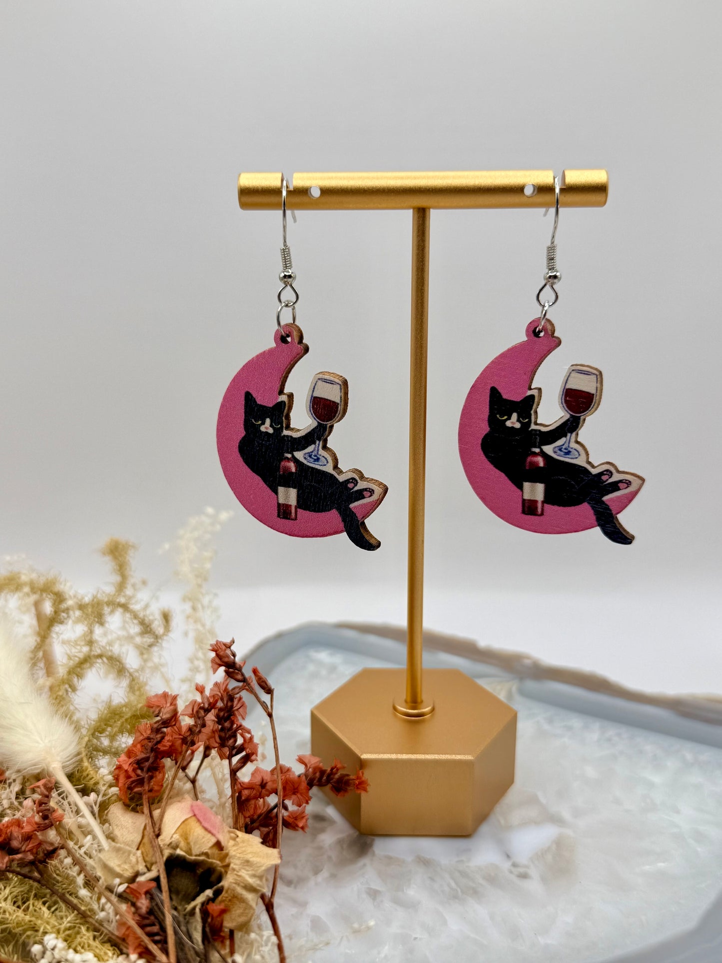 Cat + Moon Wine Glass Earrings