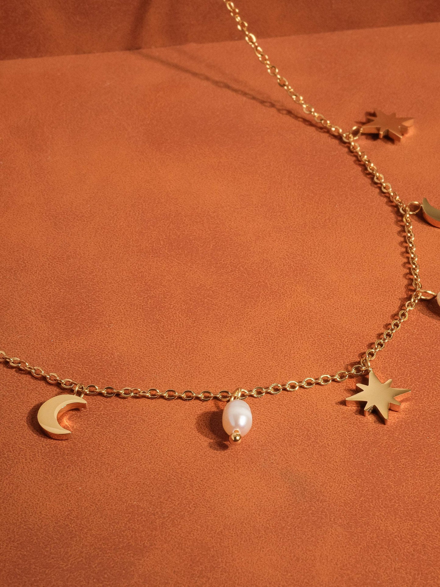 18K Gold Non-Tarnish Pearl Moon and Star Necklace