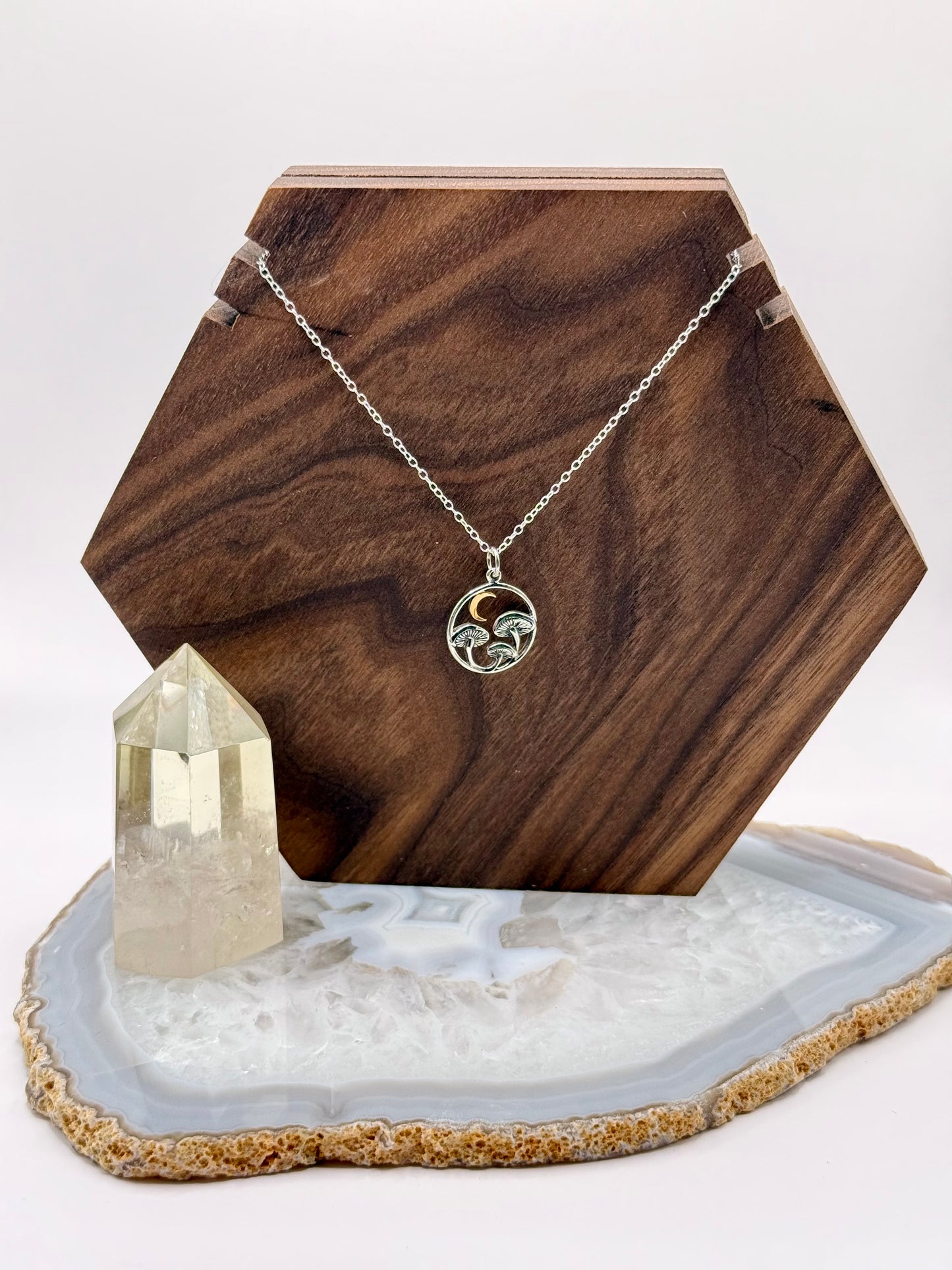 🍄 Crescent Moon + Mushroom Silver Necklace 🌙