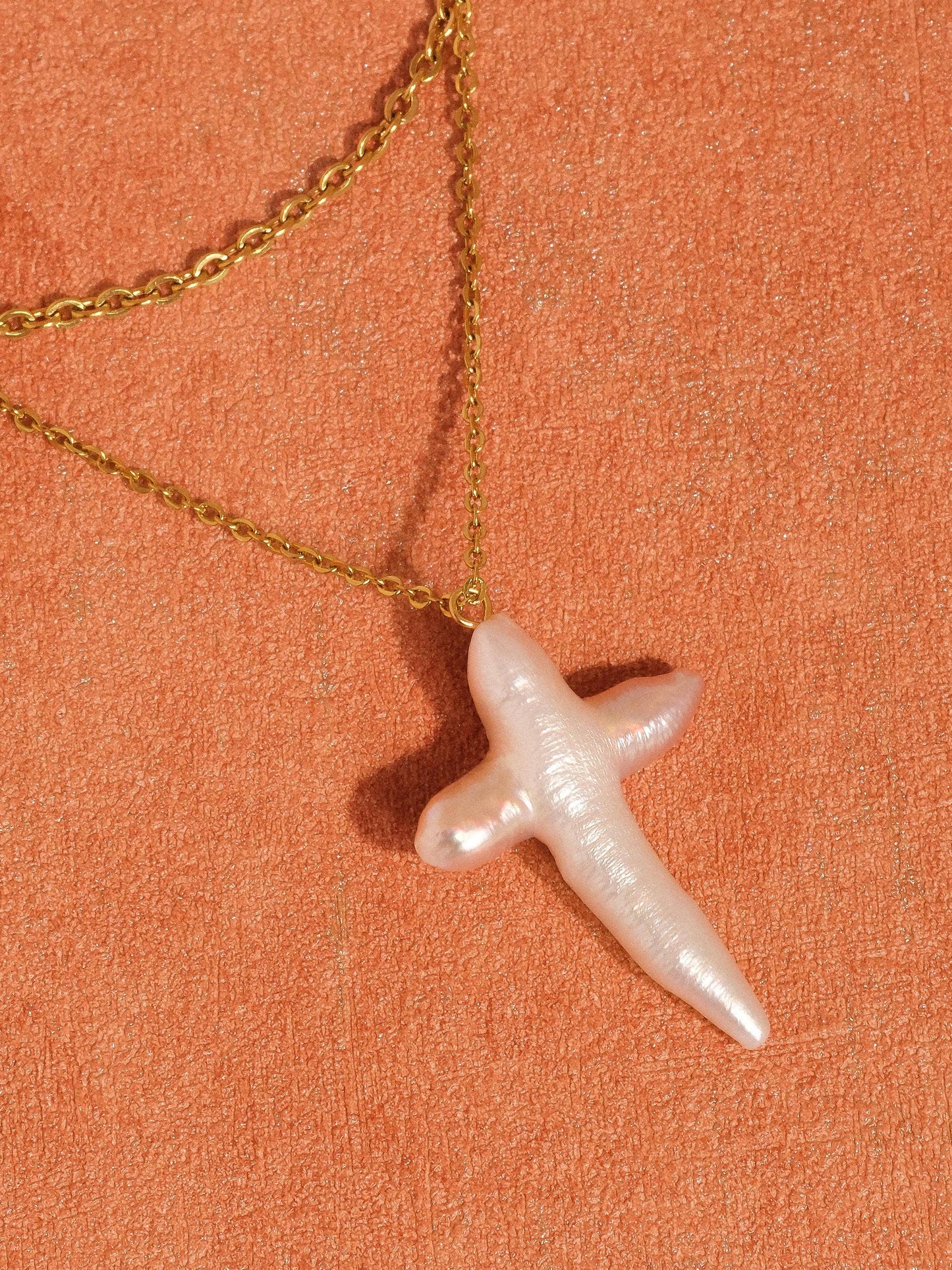 18K Gold Non-Tarnish Freshwater Pearl Cross Necklace