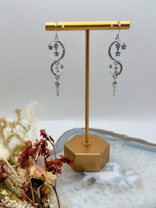 Silver Moons + Stars Dangling Earrings