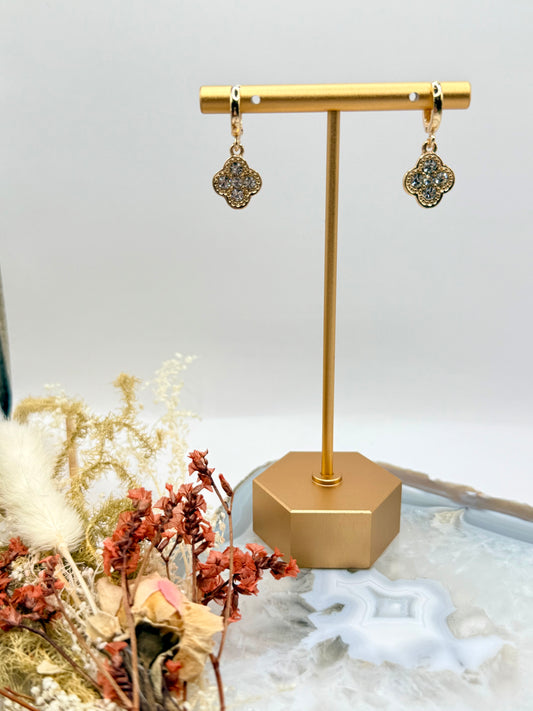 Gold Rhinestone Four-Leaf-Clover Dangling Earrings