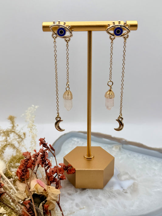 Evil Eye + Moon + Rose Quartz w/ Stainless Steel Posts