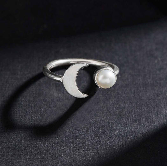 🌙  Crescent + Pearl Moon Ring