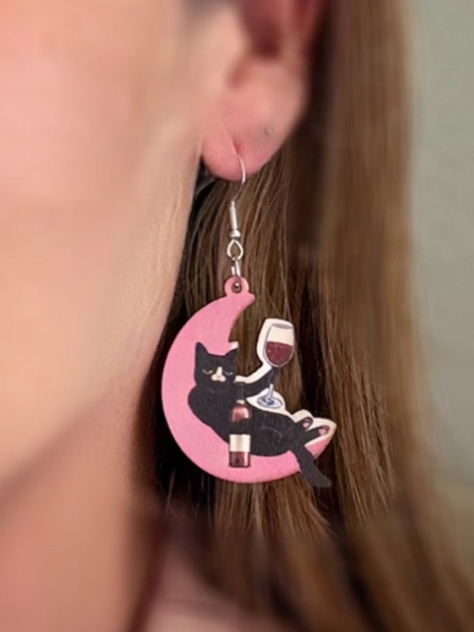 Cat + Moon Wine Glass Earrings