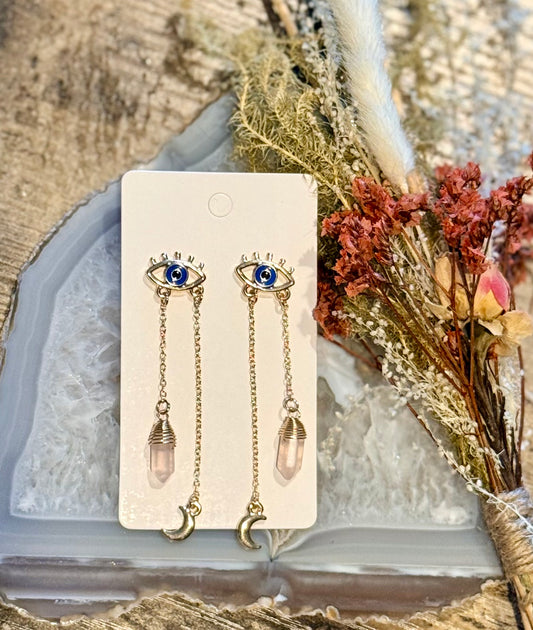 Evil Eye + Moon + Rose Quartz w/ Stainless Steel Posts