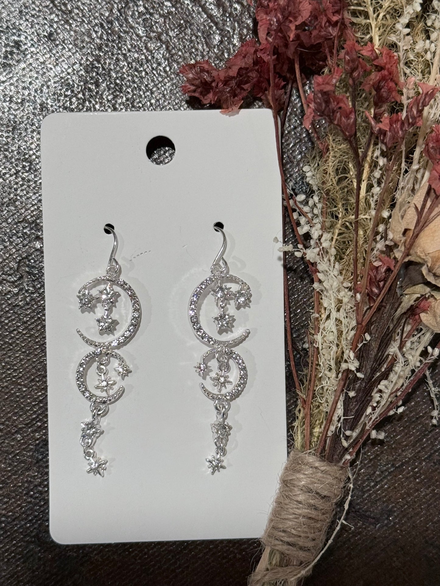 Silver Moons + Stars Dangling Earrings