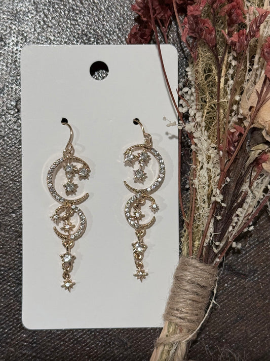 Gold Moons + Stars Dangling Earrings