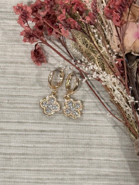 Gold Rhinestone Four-Leaf-Clover Dangling Earrings